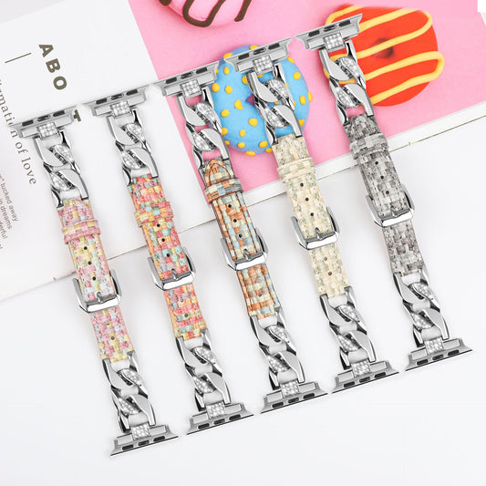 Stainless Steel Denim Chain Leather Band For Apple Watch