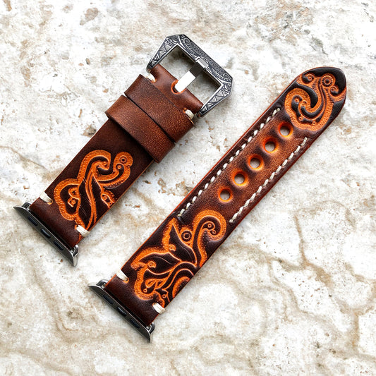 Hand-engraved embossed leather strap for apple watch